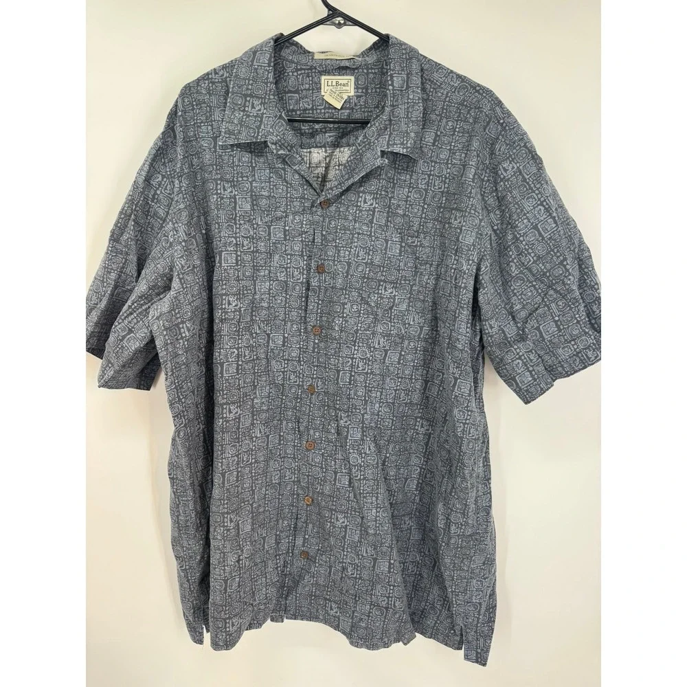 LL Bean Men's XL Tall Short Sleeve Button Up‎ Shirt Blue Aztec Print Cotton